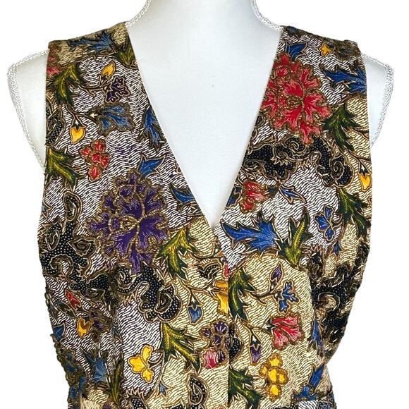 Halsey Collection Vest Petite Small Vintage Boho Tan Blue Red Floral Art Beaded - Picture 2 of 14